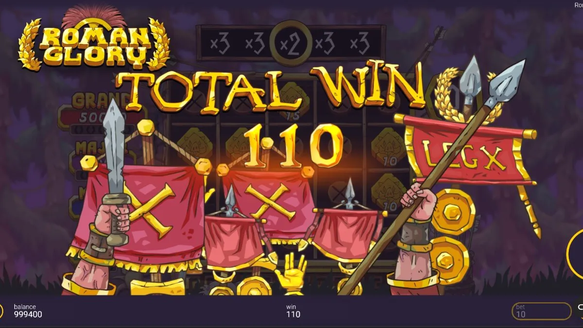 Roman Glory slot game interface na nagtatampok ng mga Romanong mandirigma at mga simbolo ng hayop sa isang kagubatan.