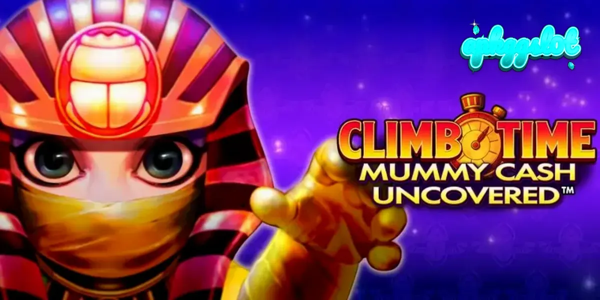 Tampilan visual slot Climb Time Mummy Cash Uncovered dengan latar belakang malam Mesir.